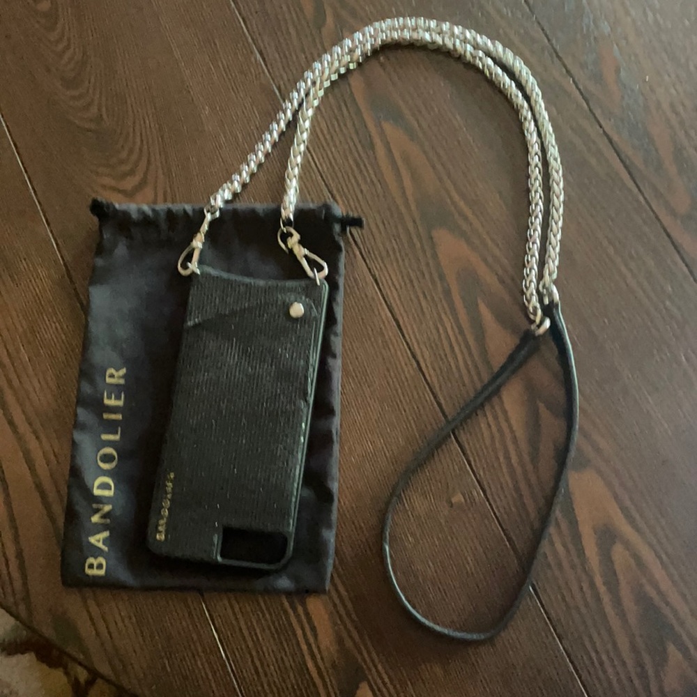 Bandolier Black Sequin Case for iPhone 7+ or 8+ with silver hardware.